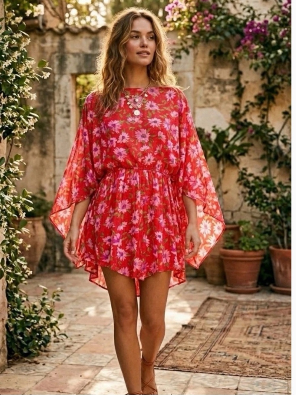LoveShackFancy Anila Floral Batwing Sleeve Boho Dress in Mambo Red